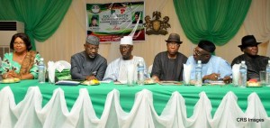 Sen. Helen Esuene; C/River State Gov., Sen. Liyel Imoke of Cross River; Chief Tony Anenih; National Vice Chairman South-South PDP, Dr Steve Oru; Chief of staff to President Jonathan, Chief Mike Oghiadomhe, Minister of Tourism and National Orientation, Chief Edem Duke, at the opening ceremony the PDP,South-South expanded zonal executive committee meeting in Calabar last Saturday.