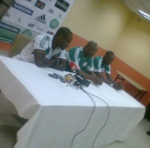  Super Eagles Captain, Vincent Enyeama; Coach Stephen Keshi; and media Officer, Ben Alaiya as the Super Eagles' interacted with the Media ahead of Saturday's crunch Brazil 2014 World Cup Qualifier Wednesday (4/9/13) at Trancorp Metropolitan Hotel Calabar. 