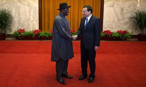 Chinese leader welcomes President Jonathan in Beijing recently