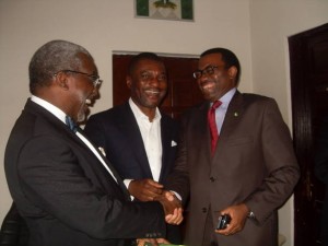 Chairman of NESG board, Mr. Foluso Philip, and DG of NESG, presenting the programme of event of NES 19 to the Minister of Agriculture, Dr. Akinwumi Adesina, at the minister's office yesterday (Monday)