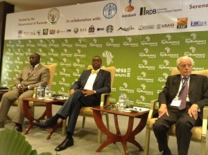 Minister of Agriculture and Rural Development, Dr. Akinwumi Adesina (middle), on stage with the Prime Minister of Rwanda, Dr. Habumuremyi Pierre Damien (left) and President of EMRC International, Professor Pierre Mathijsen at the plenary session during the Agribusiness Forum at Kigali, Rwanda, yesterday (Monday) 