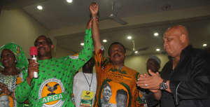 Gov. Obi and APGA flagbearer, Obiano (middle)...ready for the battle royale