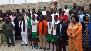 Gov. Okorocha and Deputy, Eze Madumere pose with the Eaglets from Imo and Coach Amuneke