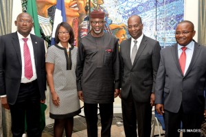 Cross River State Governor, Senator Liyel Imoke(m) flanked by The General Manager of GE Global Chain for Africa, Mr. Phil Griffith, Commissioner for Education, Prof. Offiong Offiong (R), Tamlah Oates-Forney,Human Resources Manager AND SA Investment Promotion, Mr. Gerald Adah