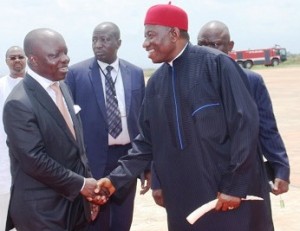 Governor Emmanuel Uduaghan of Delta State (left) welcoming President Goodluck Jonathan to Asaba on his arrival at the Asaba International Airport for the Groundbreaking of the 2nd Niger Bridge Ceremony in Onitsha, Anambra State, Monday.