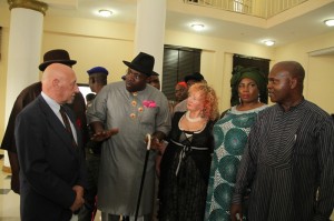 Bayelsa State Governor, Hon. Seriake Dickson (2ndleft) explaining a point shortly after commissioning the International Institute of Tourism and Hospitality at Elebele in Ogbia Local Government of the State, while the Vice President, World Fashion Organisation-Europe, Mr.Borgogelli Percario (left) Director,World Fashion Organisation, Magret Farell (centre) the Patron-World Fashion Organisation Africa, Mrs. Merit Gordon Obua (2ndright) and the Rector of the Institute, Prof. Prince Efere (right).