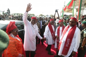 From Left: Dame Patience Jonathan; President Goodluck Jonathan; Governor Emmanuel Uduaghan of Delta State; Alhaji Namadi Sambo, Vice President and the Peoples Democratic Party National Chairman, Alhaji Adamu Muazu during the PDP Presidential Campaign Rally in Asaba, Wednesday.