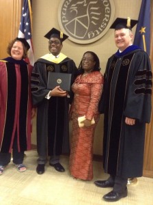 Dr. Joan Fulton, associate head, Department of Agric Economics (left), Dr. Akinwumi Adesina, his wife, Grace and Dr. Jay T. Akridge, during the ceremony of Honorary Doctor of Agriculture award to Dr. Adesina at the Purdue University, West Lafayette, Indiana, US, at the week end.