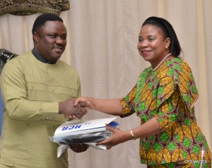 Governor of Cross River, Prof. Ben Ayade receiving a UN refugee situation in Cross River from  country Rep on refugee, Mrs. Angele Atangana in Government House, Calabar,