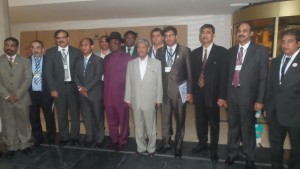 Ebonyi State Governor, Engr. Dave Umahi (wearing bowler hat); Indian High Commissioner to Nigeria, Ajjaunpur Ghanashyaun ( wearing Grey suit) in group photograph with Indian business executives in Lagos on Wednesday