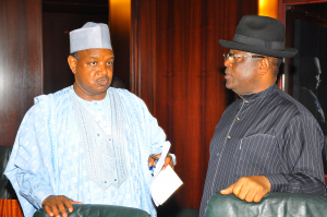 Ebonyi State Governor Dave Umahi (left) and his Kebbi State counterpart, Abubakar Bagudu at the National Economic Council meeting in Abuja on Wednesday