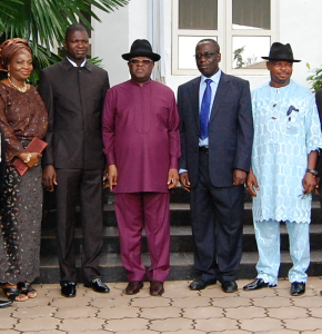 L-R: Chairman of Board, Ebonyi Broadcasting Corporation, Hon. Mrs. Patience Ogodo;  Speaker, Ebonyi State House of Assembly, Rt. Hon. Francis Nwifuru, Governor Dave Umahi of Ebonyi State; Chief Judge of Ebonyi State, Justice Aloy Nwankwo; and Deputy Speaker, Ebonyi State House of Assembly, Rt. Hon. Odefa Obasi Odefa, during the swearing in ceremony of board members of Ebonyi Broadcasting Corporation on Friday in Abakaliki on Friday