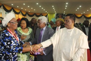 Chief Willie Obiano, Governor of Anambra State welcoming Dame Virgy Etiaba, former governor of Anambra State to the Prof. Dora Akunyili Memorial Mass in Awka. With them are Dr. Alex Ekwueme, former Vice President and Hon. Rita Maduagwu, Speaker, Anambra State House of Assembly.