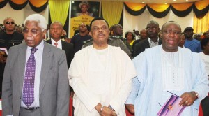 L-R Dr. Alex Ekwueme, former Vice President, Chief Willie Obiano, Governor of Anambra State and Chief Victor Umeh, former National Chairman of APGA during the Professor Dora Akunyili Memorial Mass in Awka...Saturday