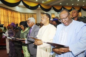  Dr. Alex Ekwueme, former Vice President, Chief Willie Obiano, Governor of Anambra State and Chief Victor Umeh, former National Chairman of APGA and other worshipers during the Professor Dora Akunyili Memorial Mass in Awka...Saturday