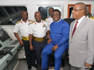 Cross River State Governor, Prof. Ben Ayade, (M) flanked by his Deputy, Prof. Ivara Esu, (L) Chief of Naval Staff, Rear Admiral Ibok-Ete Ibas and FOC. Eastern Naval Command, Rear Admiral H.A Babalola on board NNS Centenary during a tour of naval formation in Cross River. Calabar...Friday.