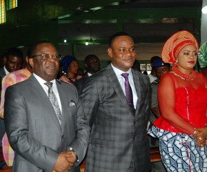 L-R: Governor David Umahi of Ebonyi State; Deputy Governor, Kelechi Igwe and wife of the Deputy Governor, Nnenna,  at the Interdenominational Thanksgiving Church Service to mark Nigeria's 55th Independence and  the 19th anniversary of Ebonyi State in Abakaliki on Sunday 