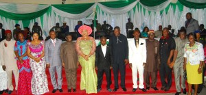 L-R: Speaker, Ebonyi State House of Assembly, Francis Nwifuru, his  wife, Uzoamaka; wife of the Deputy Governor, Nnenna Igwe; Deputy Governor, Kelechi Igwe; Governor David Umahi of Ebonyi State and wife, Rachel Umahi with newly sworn in co-ordinators of development centres in Abakaliki on Monday