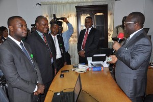 Governor David Umahi of Ebonyi State(center) with officials of the Enugu region of the Transmission Company of Nigeria who paid him a visit at the Government House in Abakaliki recently. 