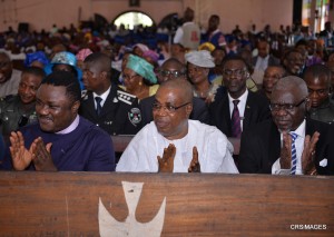 From (L) Gov. Ben Ayade of Cross River State, his Deputy, Prof. Ivara Esu and the State Chief Judge, Justice Okoi Ikpi Itam, at the Nigeria's 55th Independence Anniversary interdenominational thanksgiving service at St. Bernards Cathedral. Calabar