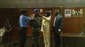 L-R: New Commissioner of Police, Ebonyi State Command, Mrs. Peace Abdallah; Aide De Camp to the Governor of Ebonyi State, Ogbonnaya Nwota; and Governor Dave Umahi of Ebonyi State during the decoration of the ADC as a Superintendent of Police at the government house, Abakaliki on Tuesday 