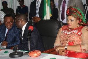 L-R: Deputy Governor, Kelechi Igwe,Governor David Umahi of Ebonyi State; his wife, Rachael Umahi, during the swearing -in- ceremony of Chairmen, vice chairmen, secretaries of the 13 Local Government Council Caretaker Committees and the presentation of staff of office to new traditional rulers in the state in Abakaliki on Wednesday