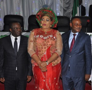 L-R: Governor David Umahi of Ebonyi State; his wife, Rachael Umahi; and Deputy Governor, Kelechi Igwe, during the swearing -in- ceremony of Chairmen, vice chairmen, secretaries of the 13 Local Government Council Caretaker Committees and the presentation of staff of office to new traditional rulers in the state in Abakaliki on Wednesday