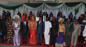 L-R: Speaker, Ebonyi State House of Assembly, Francis Nwifuru; his wife, Uzoamaka Nwifuru; wife of the Deputy Governor, Nnenna Igwe; Governor David Umahi of Ebonyi State; his wife, Rachael Umahi; Deputy Governor, Kelechi Igwe; and the newly sworn in Chairmen  of 13 Local Government Council Caretaker Committee in Ebonyi State in Abakaliki on Wednesday