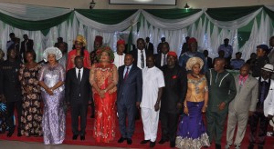 L-R: Speaker, Ebonyi State House of Assembly, Francis Nwifuru; his wife, Uzoamaka Nwifuru; wife of the Deputy Governor, Nnenna Igwe; Governor David Umahi of Ebonyi State; his wife, Rachael Umahi; Deputy Governor, Kelechi Igwe; and the newly sworn in Chairmen of 13 Local Government Council Caretaker Committee in Ebonyi State in Abakaliki on Wednesday