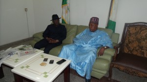 Ebonyi State Governor David Umahi(left) and his Borno State counterpart, Alhaji Kasheem Shettima shortly before the presentation of bagd of Ebonyi rice by the Ebonyi State Government to Borno's Internally Displaced Persons in Abuja on Wednesday.