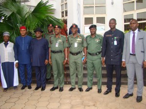 Governor David Umahi of Ebonyi State (3rd left); Deputy Governor, Kelechi Igwe (2nd left); CEO, Nigeria Army Properties Ltd, Brig. Gen. Umaru Mohammed (left); Chief Transformation/ Innovation Officer, Nigeria Army, Maj. Gen. Edward Nze (4th left); Speaker, Ebonyi State House of Assembly, Francis Nwifuru (2nd right); Secretary to Ebonyi State Government, Prof. Bernard Odoh (right); and other top military officers, during their courtesy visit to the governor in Abakaliki on Friday