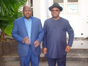 R-L: Governor of Ebonyi State, Engr. David Umahi with Chairman, Signal Group Ltd and former Borno State Governor, Ali Modu Sheriff, during the ex- governor's visit to the Government House, Abakaliki on Friday