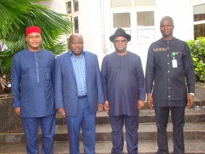 R-L: Speaker, Ebonyi State House of Assembly, Francis Nwifuru; Governor of Ebonyi State, Engr. David Umahi; Chairman, Signal Group Ltd and former Borno State Governor, Ali Modu Sheriff; and Deputy Governor of Ebonyi State, Kelechi Igwe during the ex- governor's visit to the Government House, Abakaliki on Friday