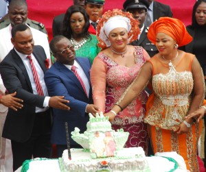 L-R: Deputy Governor of Ebonyi State, Barrister Kelechi Igwe; Governor David Umahi, his  wife, Rachel Umahi, and wife of the Deputy Governor, Nnenna Igwe cutting the cake during the Independence Day celebration and 19th Anniversary of Ebonyi State in Abakaliki on Thursday