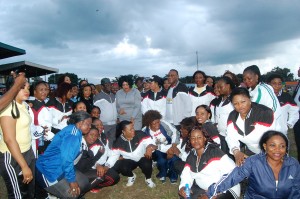 Governor David Umahi of Ebonyi State(wearing Fez Cap); his wife, Rachel; wife of the Deputy Governor, Nnenna and the Deputy Governor, Kelechi Igwe, and female members of the state Executive Council at a novelty football match organised by the government to mark the 19th anniversary of Ebonyi State and Nigeria's 55th Independence at the Abakaliki Township Stadium, Abakaliki on Monday