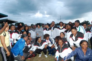 Governor David Umahi of Ebonyi State(wearing Fez Cap); his wife, Rachel; wife of the Deputy Governor, Nnenna and the Deputy Governor, Kelechi Igwe, and female members of the state Executive Council  at a novelty football match organised by the government to mark the 19th anniversary of Ebonyi State and Nigeria's 55th  Independence at the Abakaliki Township Stadium, Abakaliki on Monday