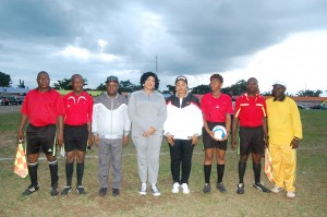 Governor David Umahi of Ebonyi State(3rd left); his wife, Rachel; wife of the Deputy Governor, Nnenna and the match officials at a novelty football match organised by the government to mark the 19th anniversary of Ebonyi State and Nigeria's 55th  Independence at the Abakaliki Township Stadium, Abakaliki on Monday
