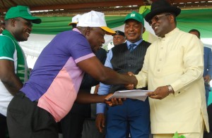 Governor of Ebonyi State, Eng. Dave Umahi(right); Commissioner for Education, Prof. John Eke(centre) and an official of the state chapter of the Nigeria Union of Teachers during the celebration of this year's Teachers Day in Abakaliki on Monday