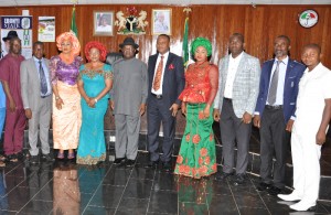 Governor David Umahi of Ebonyi State (5th left); Deputy Governor of Ebonyi State, Kelechi Igwe (5th right); Secretary to Ebonyi State Government, Prof. Bernard Odoh (3rd right|); Chairman, Ebonyi State Local Government Staff Pension Board, Mrs. Lilian Nwankwo (4th left); and members of the board during the inauguration of the members of the pension board in Abakaliki on Wednesday.