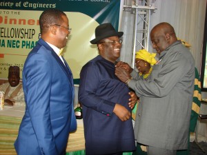 L-r: Maj. Gen. Obi Umahi(retd.); Governor of Ebonyi State, Engr. David Umahi and Secretary to the Government of the Federation, Babachir Lawal, at the conferment of a Fellowship of the Nigerian Society of Engineers on Gov. Umahi by the NSE in Abuja on Wednesday. Photo;EBSG