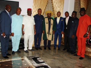 L-R: Governor David Umahi of Ebonyi State(centre); Special Adviser to the governor(Special Duties); Onyeabor Ngene; Member of the House of Representatives, Chukwuma Nwanzunkwu; Deputy Governor Kelechi Igwe; Maj. Gen. Obi Umahi(retd); CEO of Saap. Tech Group, Chima Onyekwere and the SSA  the governor(Security), Ali Odefa after the conferment of NSE Fellowship on the governor in Abuja on Wednesday. Photo: EBSG