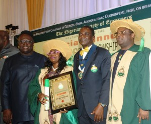  L-R: Governor David Umahi of Ebonyi State, President Nigerian Society of Engineers, Engr Ademola Olorunfemi, founder, Omatek Computers, Engr Florence Seriki and CEO SAAP Tech Group, Chima Onyekwere during the conferment of the NSE Fellowship on Umahi at Abuja on Wednesday