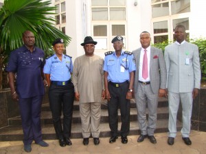 Governor David Umahi of Ebonyi State (3rd left);Senior Special Adviser to the Governor on Security, Ali Odefa (left); Commissioner of Police,Ebonyi State Command, Peace Ibekwe Abdalla; AIG, Zone 6 Calabar, Baba Adisa Bolanta; Deputy Governor of Ebonyi State, Kelechi Igwe and Speaker, Ebonyi State House of Assembly, Francis Nwifuru during a courtesy call by the AIG zone 6, Calabar to the Governor in Abakaliki on Tuesday