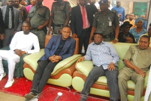 Ebonyi State Governor David Umahi(second right); Speaker of the House of Assembly, Francis Nwifuru(left); Deputy Governor Kelechi Igwe; and Chairman of the Divine Mandate Campaign Organisation, Engr. Fidelis Nwankwo at the commencement of reconstruction of the Amasiri-Okposi-Uburu Highway in Ebonyi State ...on Thursday.