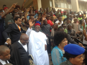 Victory Wave: Governor of Ebonyi State, Engr. David Umahi(in white babaringa),his wife, Rachel Umahi and supporters  after the Court of Appeal sitting in Enugu  reafirmed his victory at the last governorship election in Ebonyi State ...on Friday. Photo: EBSG
