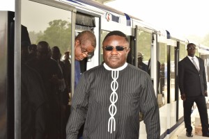 Cross River State Governor, Professor Ben Ayade and his deputy Prof. Ivara Esu both alighting from the newly installed Calabar monorail coach shortly after the test run of the facility in Calabar