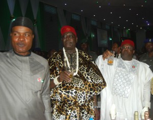 R- L: Governor David Umahi of Ebonyi State; Secretary to the Government of the Federation, Engr. Babachir David Lawal; and APC National Vice Chairman, South East, Chief Emma Eneukwu at the official visit/ formal commissioning of Dr. Sam. O. Egwu Governor's Lodge by SGF in Abakaliki. Photo: EBSG