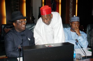 L-R: Ebonyi State Governor, Engr. David Umahi; Kano State Governor, Alhaji Umar Ganduje and Bauchi State Governor, Barr. Mohammed Abubakar,  at the signing of an agreement between the FG and the Bill Gates and Melinda Foundation on the production of vaccine for prevention of future outbreak of polio in Nigeria at the Presidential Villa in Abuja on Wednesday. 