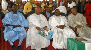 R-L: President of the Senate Bukola Saraki; Governor David Umahi of Ebonyi State; Senate Minority Leader, Godswill Akpabio; and Speaker, Ebonyi State House of Assembly, Francis Nwifuru, at a thanksgiving service by Senator Ogba at CKC, Nkalagu in Ebonyi State on Sunday.