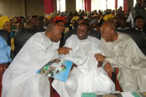 Governor David Umahi of Ebonyi State (centre); President of the Senate Bukola Saraki (right); and Senate Minority Leader, Godswill Akpabio, at a thanksgiving service by Senator Obinna Ogba at CKC, Nkalagu in Ebonyi State on Sunday.